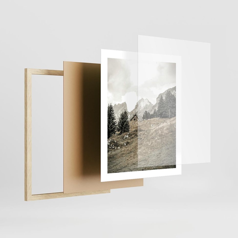 Plakat w ramie 40x50 - Krajobraz Sepii: Domek w Górach - domek w górach, góry - rama drewno
