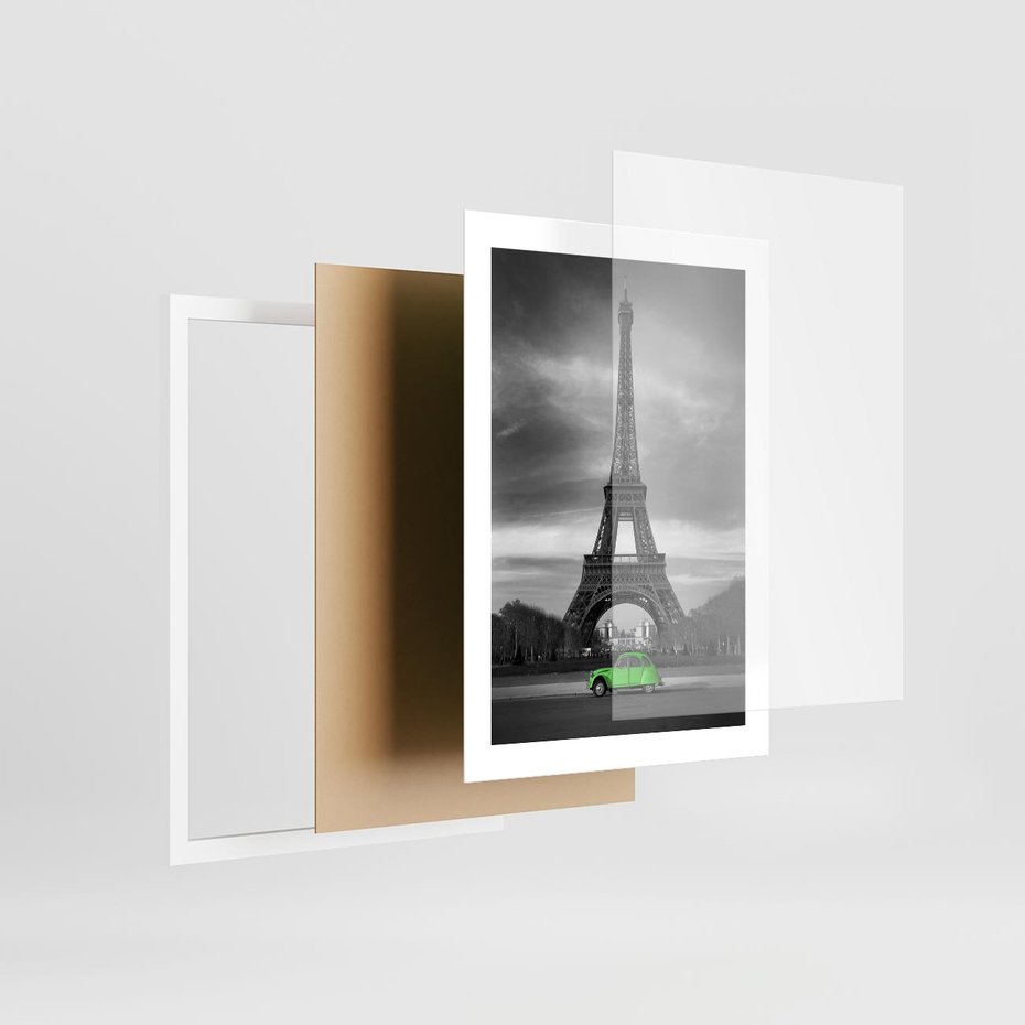 Plakat w ramie 30x40 - Paryskie Romantyczne Spotkanie - Eiffla, samochód - rama biała