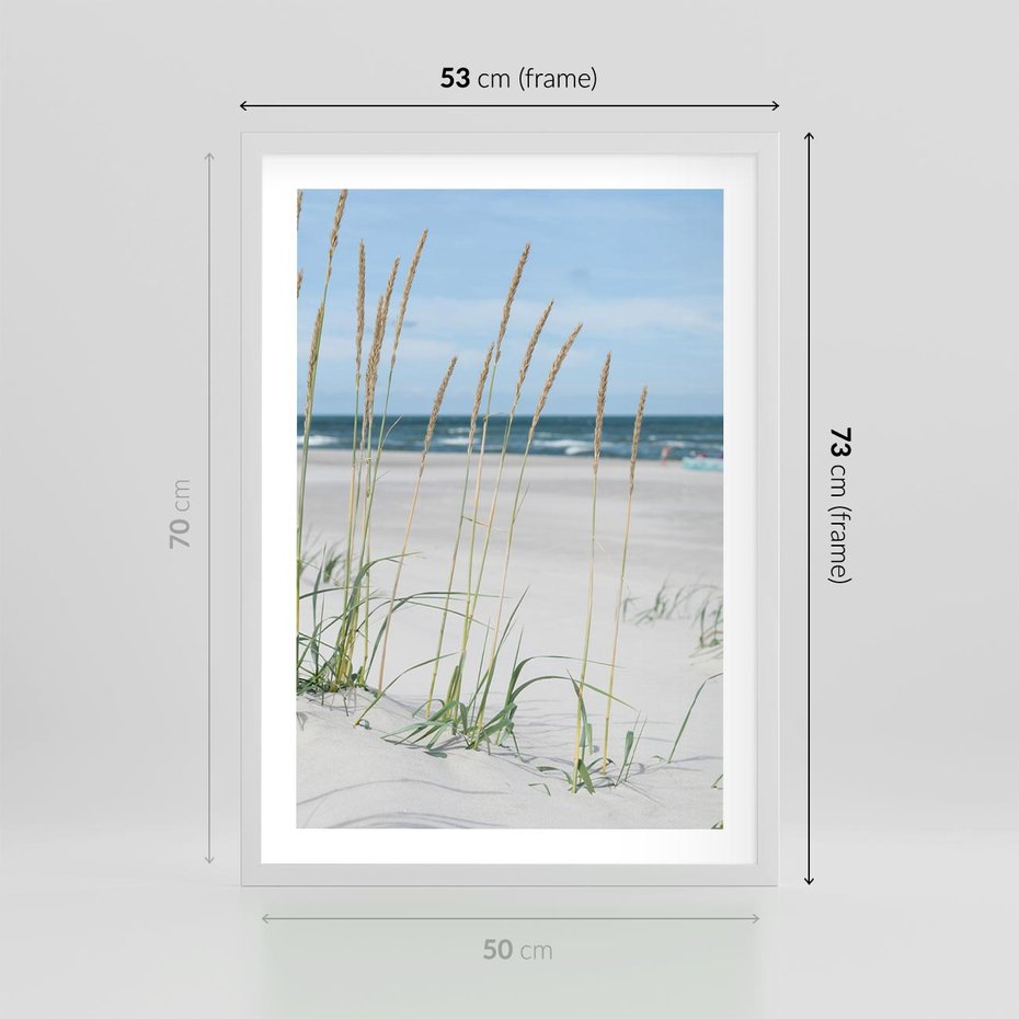 Plakat w ramie 50x70 - Przytulna Śródziemnomorska Trawa - plaża, trawy - rama biała