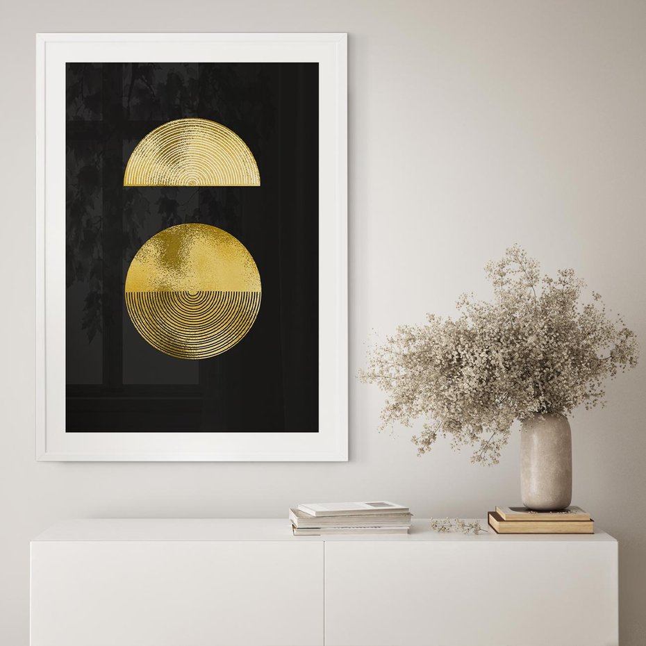 Plakat bez ramy 21x30 - Migotliwe Przeniknięcia - złote koła, czarne tło