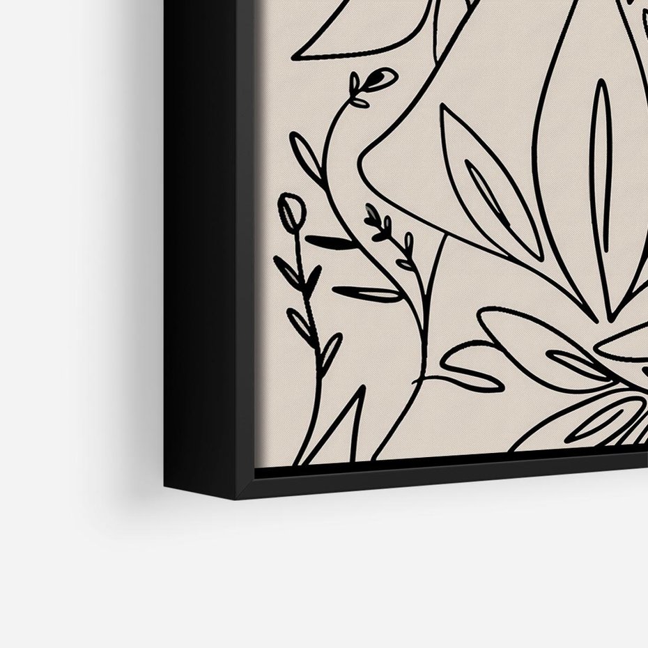 Obraz w ramie 50x50 - Kobiecy Portret Duszy - beżowe tło, czarny szkic nowoczesnych kwiatów - rama czarna