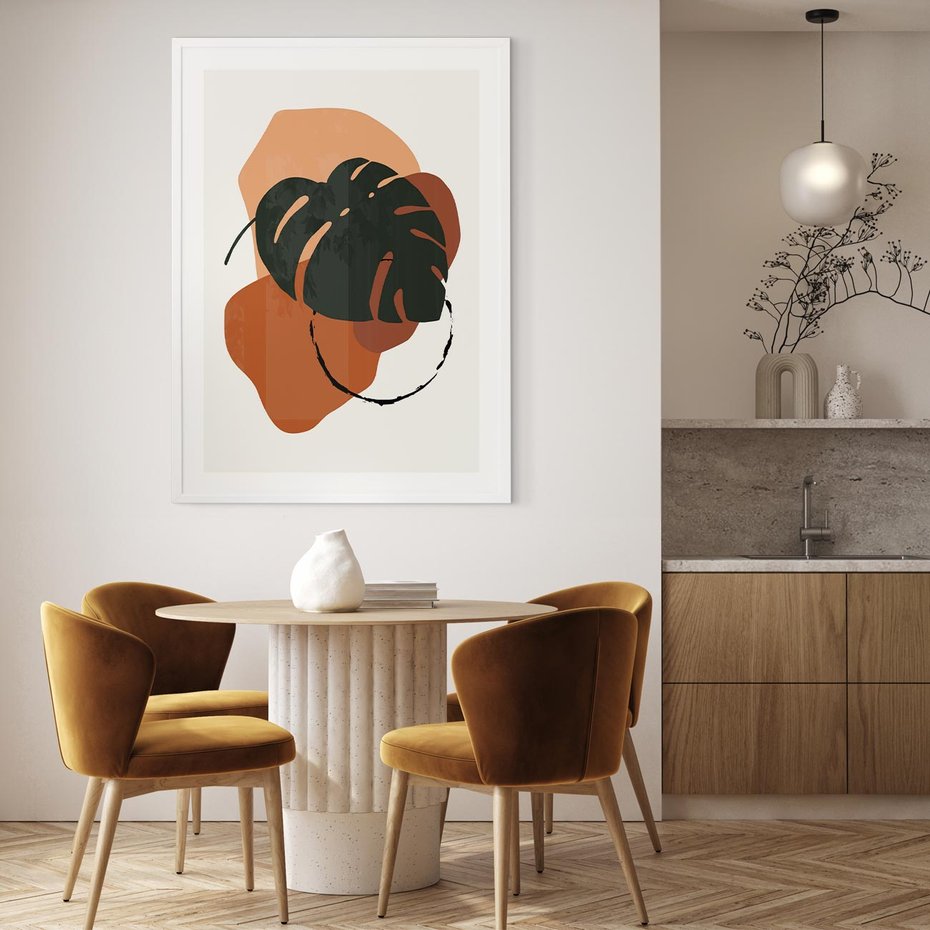 Plakat w ramie 50x70 - Brązowa Ekspresja - liść monstery, boho obraz - rama biała