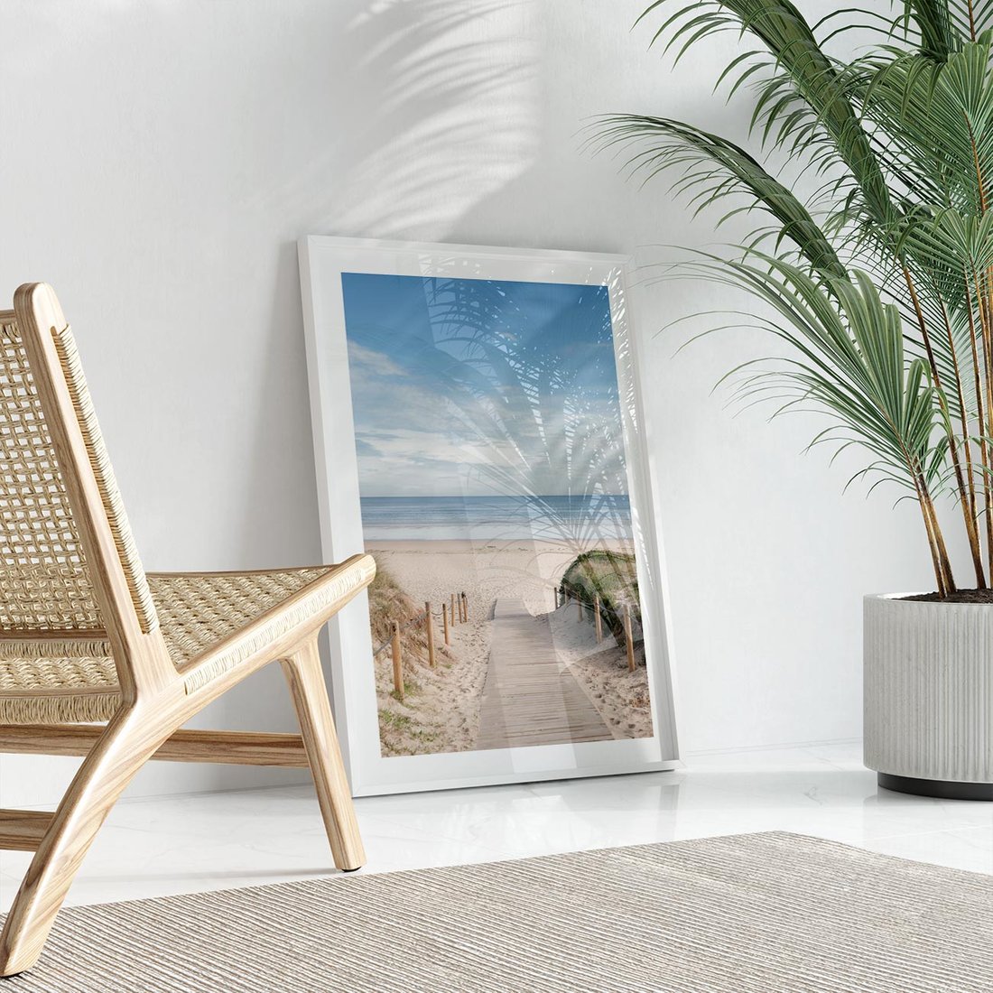 Plakat w ramie 40x50 - Plażowy pomost - plaża, pomost - rama biała