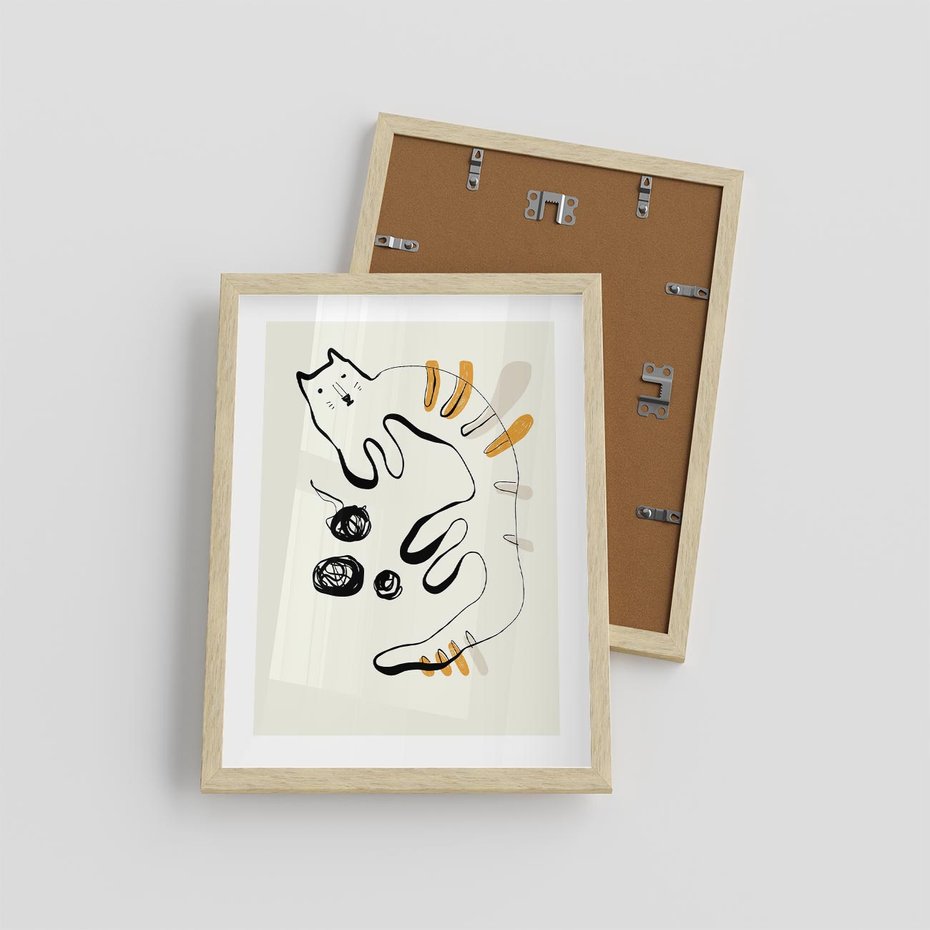 Plakat w ramie 30x40 - Picassowska Abstrakcja Kota - abstrakcyjna grafika kota, jak picasso - rama drewno