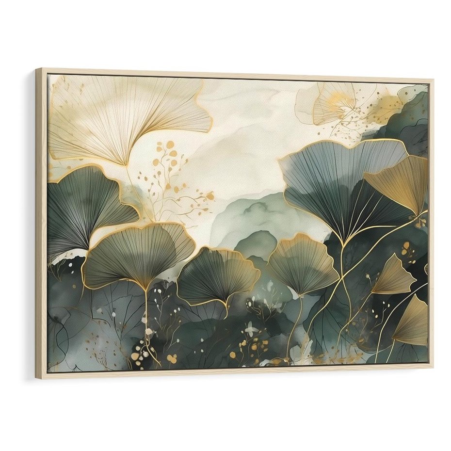 Obraz w ramie 120x80 - Natura w Złotym Odcieniu - złote elementy, liście miłorzębu japońskiego - rama drewno
