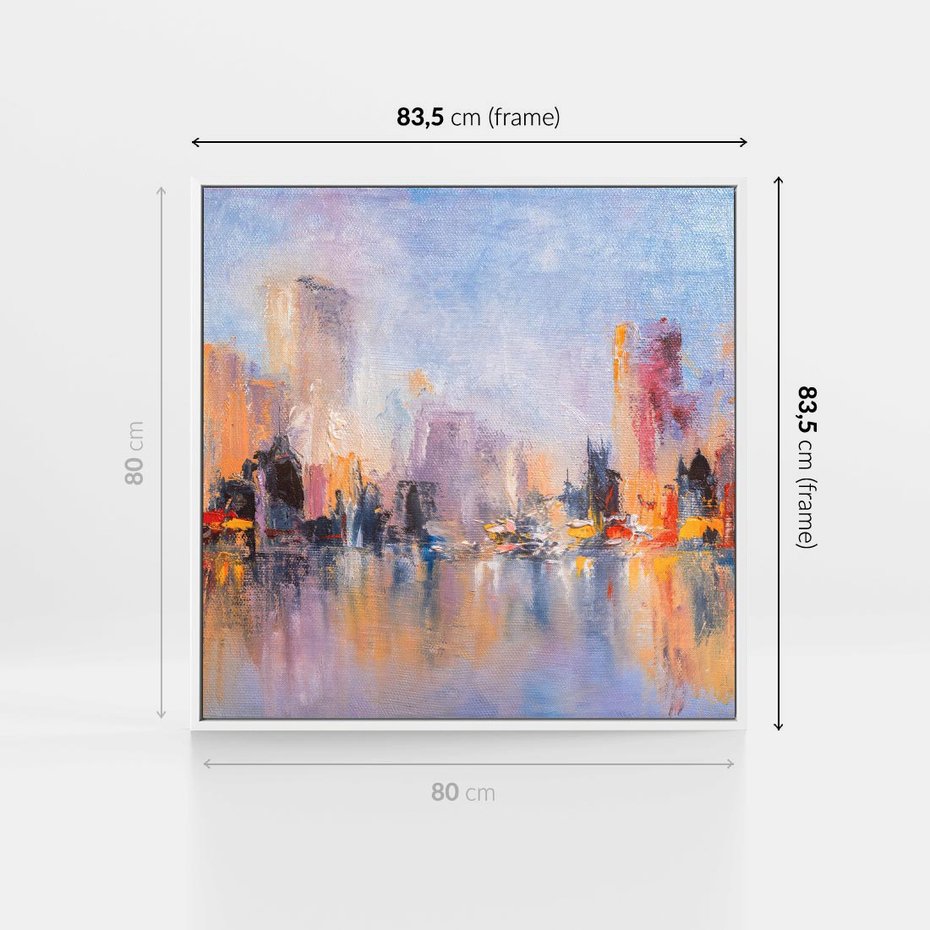 Obraz w ramie 80x80 - Miasto Refleksji - olejna panorama miasta w oddali, wiezowce odbijają się w rzece - rama biała