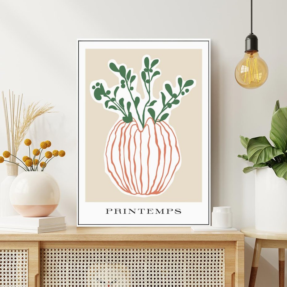 Obraz w ramie 80x120 - Boho Refleksje Natury - gałązki w wazonie, typografia - rama biała