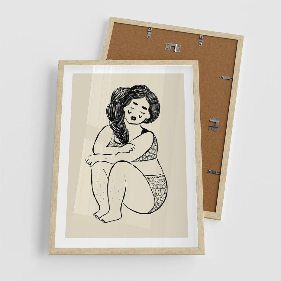 Plakat w ramie 50x70 - Migotliwe Refleksje - nowoczesny minimalistyczny rysunek, dziewczyna w bieliźnie - rama drewno