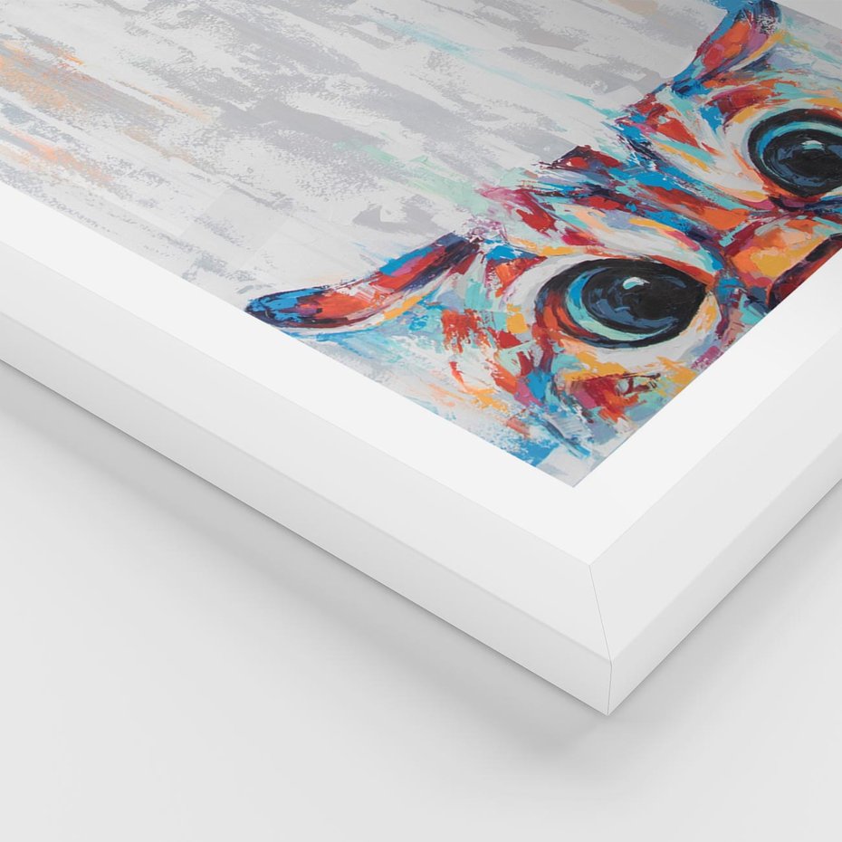 Plakat w ramie 30x40 - Co ja Widzę - obraz olejny, śmieszny obraz kota - rama biała