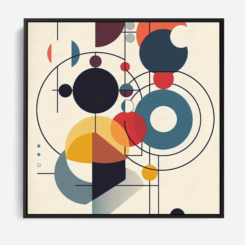 Obraz w ramie 50x50 - Rozbijające Barwne Granice - abstrakcyjna geometryczna kompozycja, koła linie - rama czarna