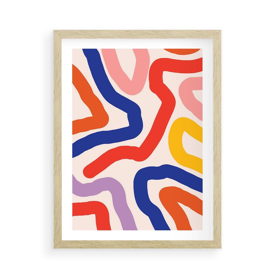 Plakat w ramie 50x70 - Intrygujące Widzenia - abstrakcyjny kolorowy obraz, kolorowe linie - rama drewno