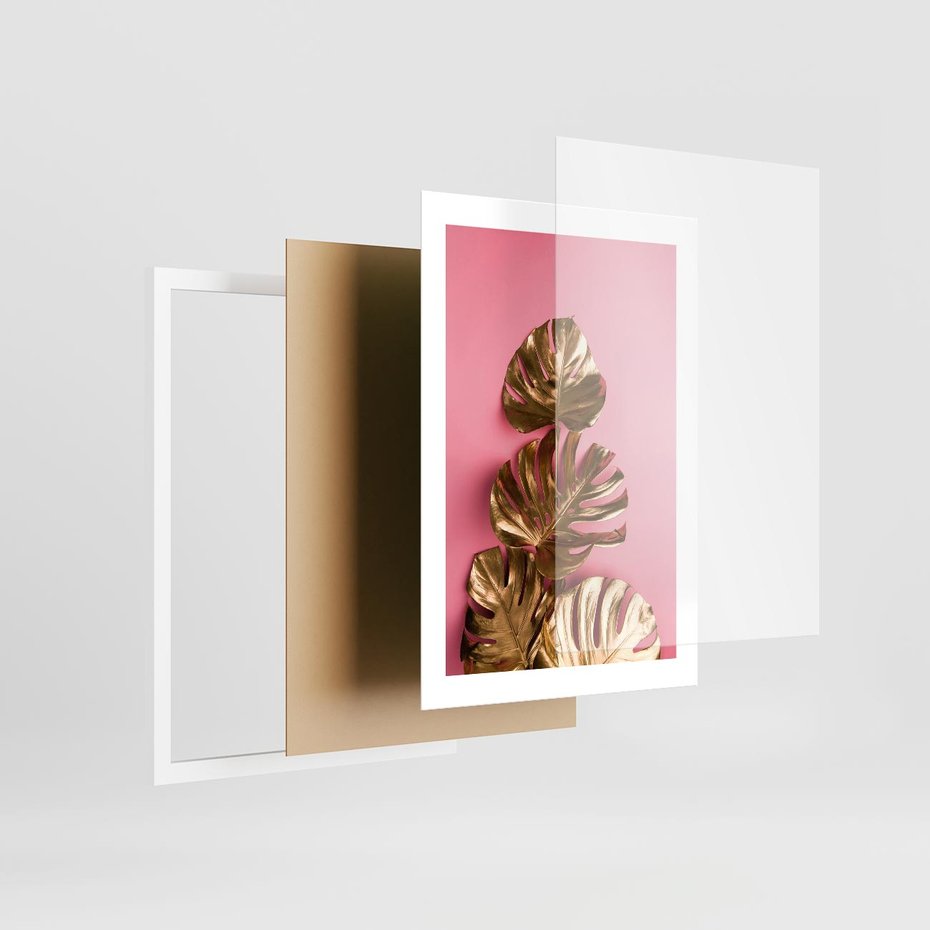 Plakat w ramie 30x40 - Złote Liście Monstery: Delikatność na Różowym Tle - złote liście monstery, różowe tło - rama biała