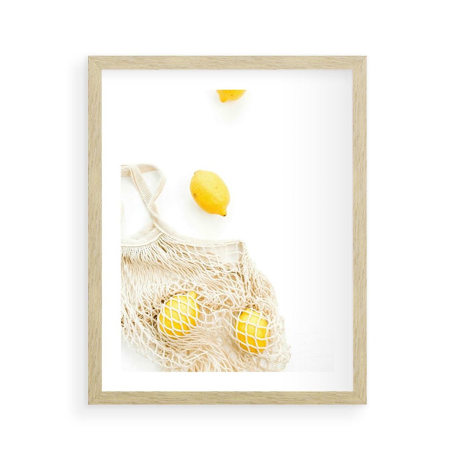 Plakat w ramie 40x50 - Cytrynowa Siatka - cytryny, materiałowa siatka - rama drewno