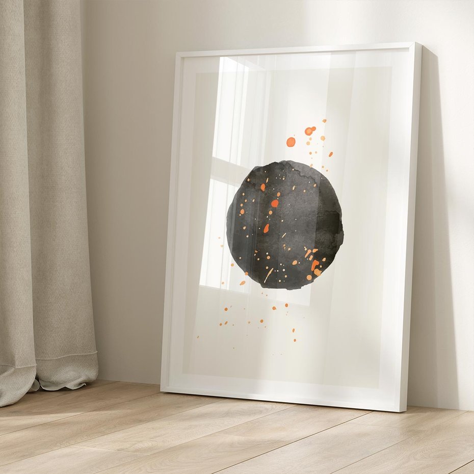 Plakat w ramie 40x50 - Wibracje Kolorów - abstrakcyjna czarna plama, rozsiane pomarańczowe kropki - rama biała