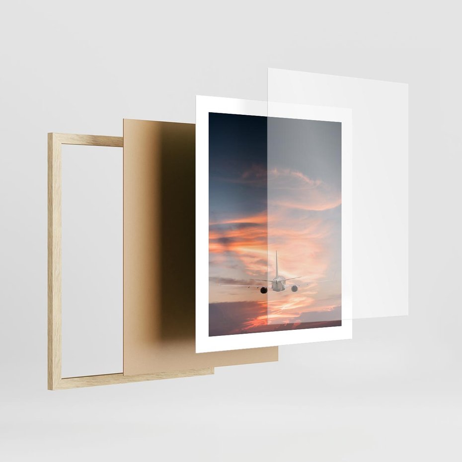 Plakat w ramie 40x50 - Podróż w Kierunku Słońca - samolot, samolot w powietrzu - rama drewno