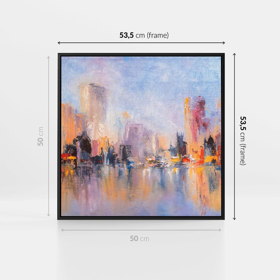 Obraz w ramie 50x50 - Miasto Refleksji - olejna panorama miasta w oddali, wiezowce odbijają się w rzece - rama czarna