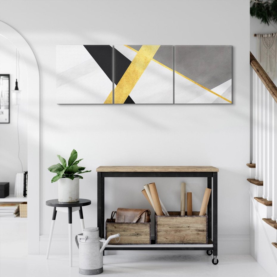 Obraz na płótnie 150x50 - Pudrowe Abstrakcyjne Lustra - złote abstrakcyjne linie, szarość