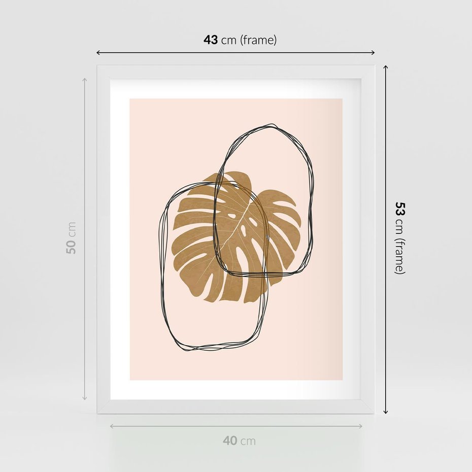 Plakat w ramie 40x50 - Liście w Beżowym Minimalizmie - minimalistyczny obraz, liście monstery - rama biała