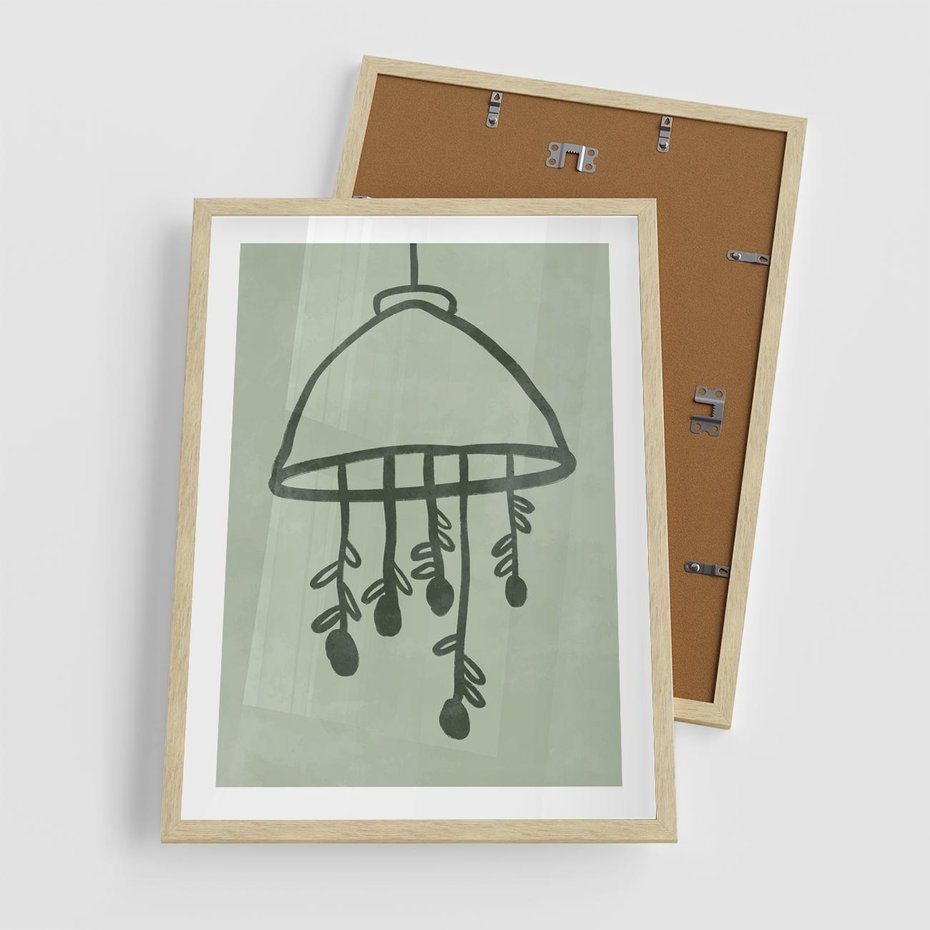 Plakat w ramie 50x70 - Zieleń Inspirującego Spokoju - plakat z abstrakcyjną zieloną lampą, skandynawski design - rama drewno