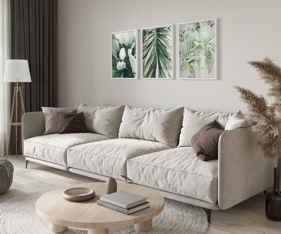 Zestaw obrazy w ramie 50x70 galeria - Liście, palma, monstera - rama biała