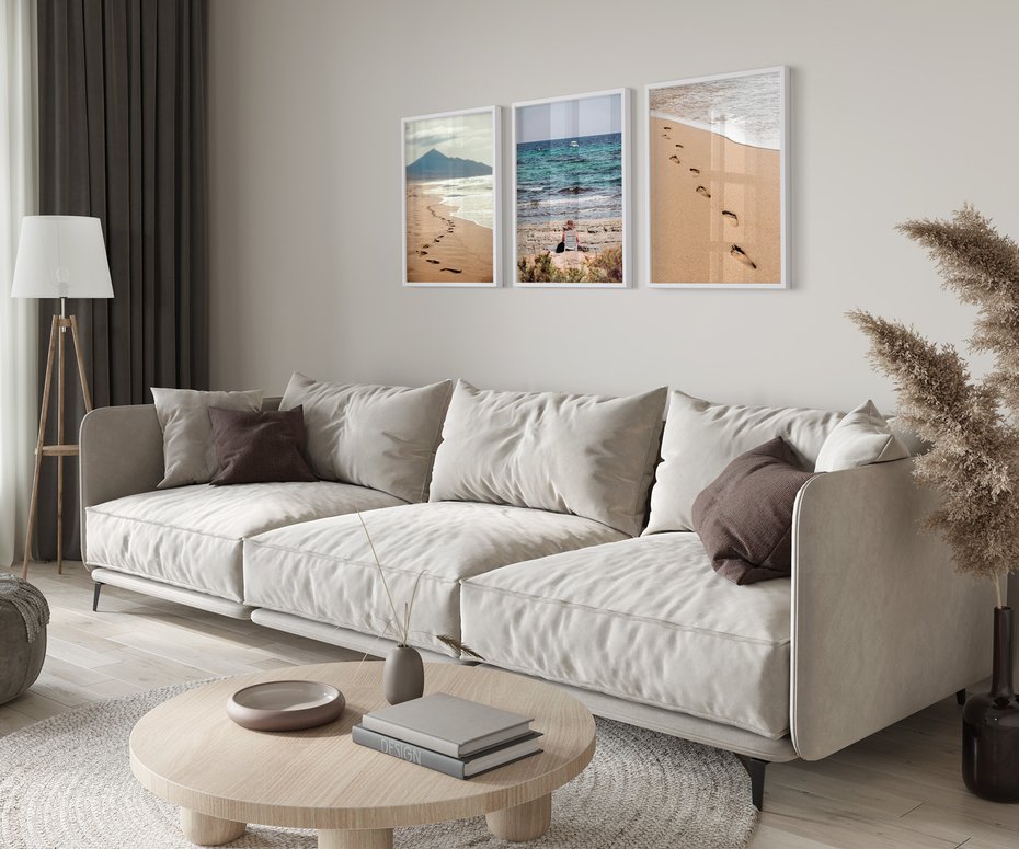 Zestaw obrazy w ramie 40x50 galeria - Plaża, zachód, słońca, ślady - rama biała