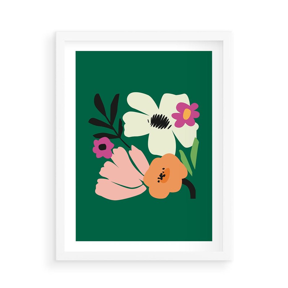 Plakat w ramie 50x70 - Rozbijające Echa - abstrakcyjne kwiaty, zielone tło - rama biała