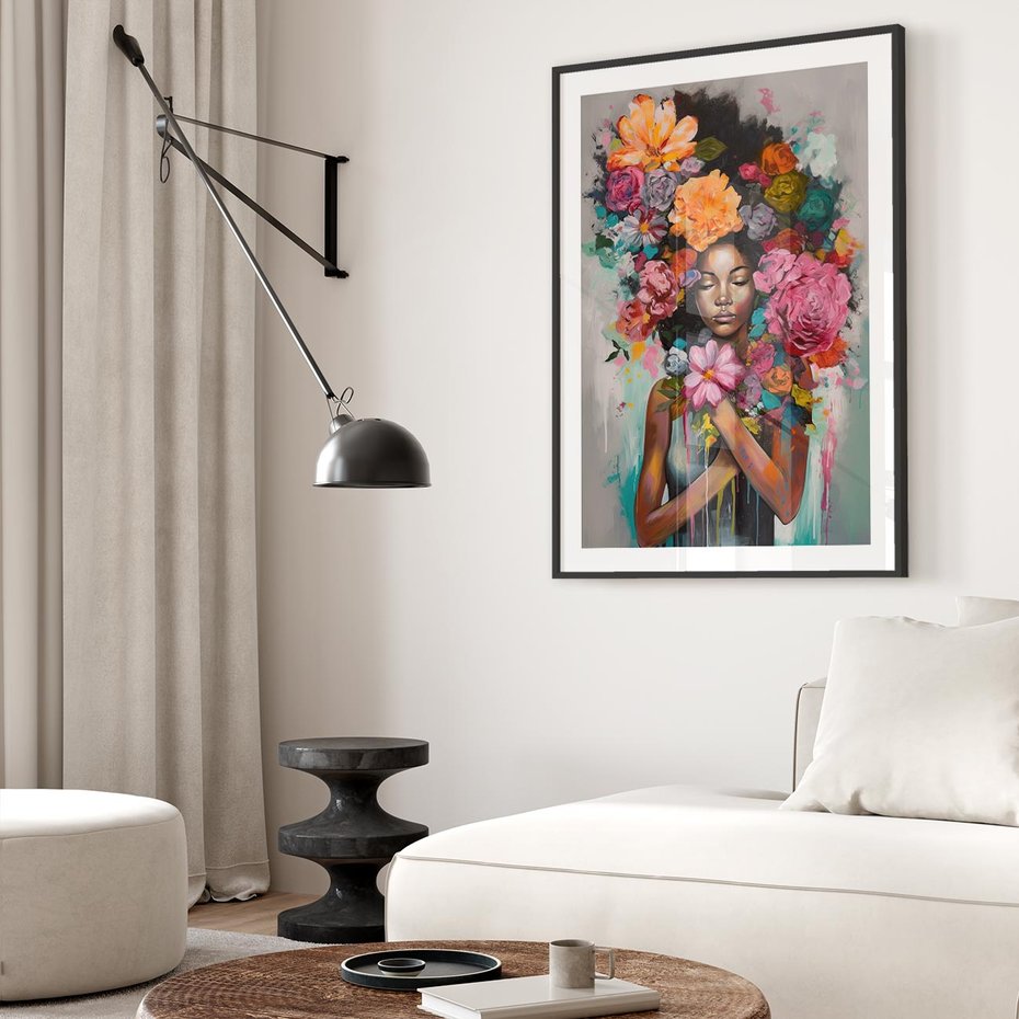 Plakat bez ramy 21x30 - Z Głową w Kwiatach - obraz olejny, sztuka nowoczesna