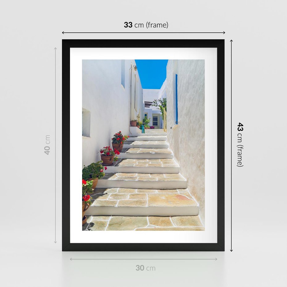 Plakat w ramie 30x40 - Urok Greckiej Uliczki - grecka, uliczka - rama czarna