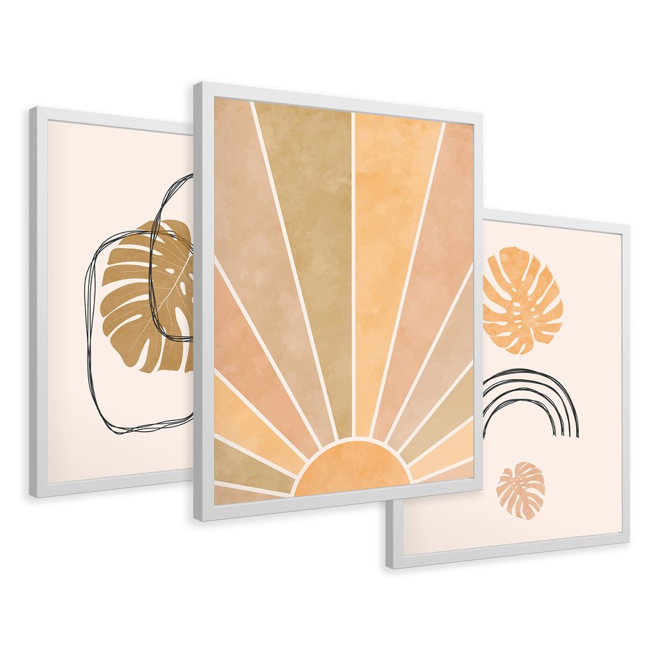 Zestaw obrazy w ramie 50x70 galeria - Boho, monstera, tęcza, nowoczesne - rama biała