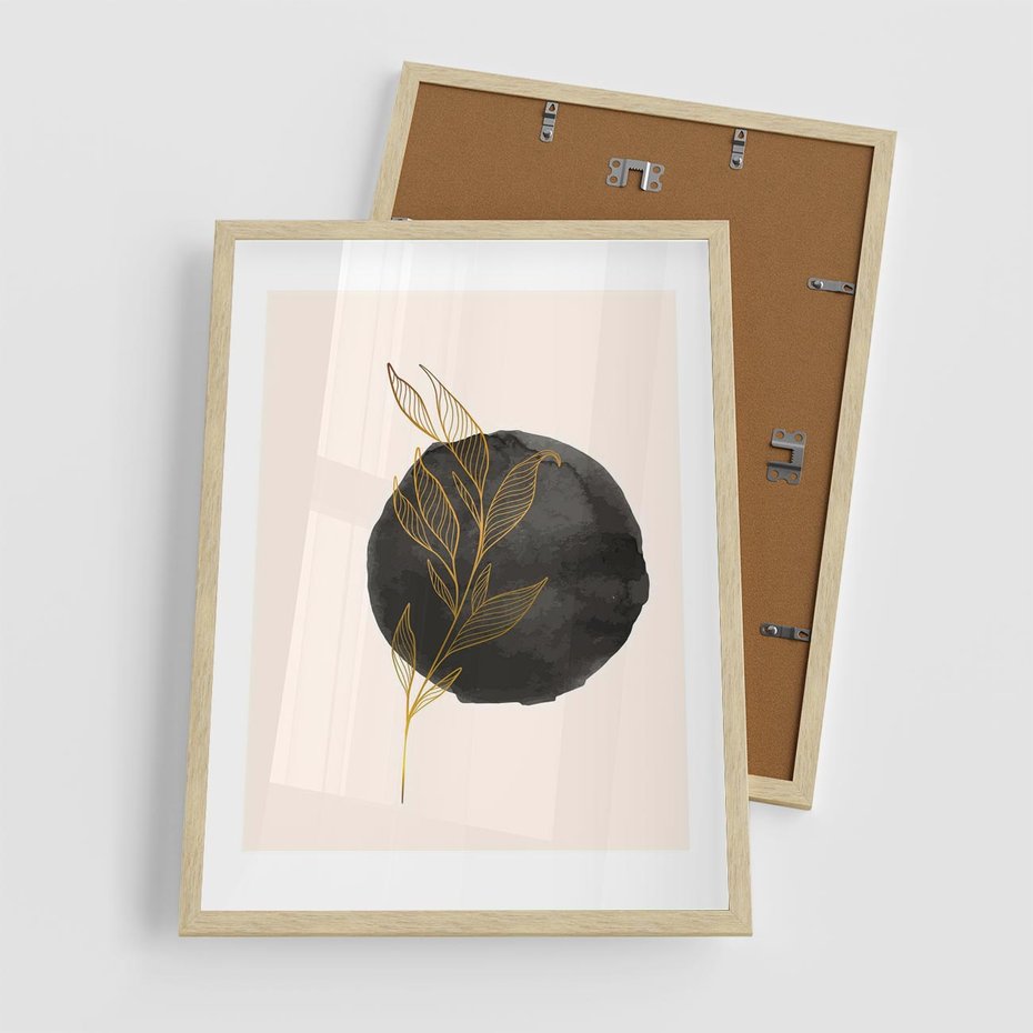 Plakat w ramie 50x70 - Złota Gałązka na Tle Akwarelowej Ciemności - złota gałązka, czarna plama akwarelowa w tle - rama drewno
