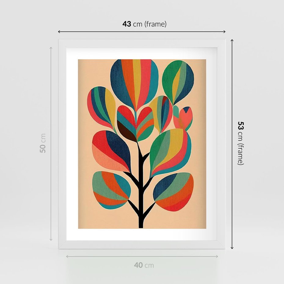 Plakat w ramie 40x50 - Harmonia Rozplątanych Form - abstrakcyjny kolorowy tęczowy obraz, inspiracje roślinne - rama biała