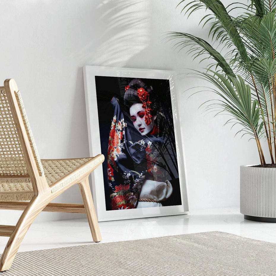 Plakat w ramie 40x50 - Elegancka japońska gejsza - japońska, gejsza - rama biała