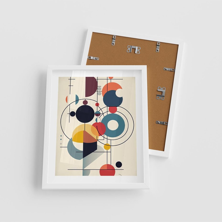 Plakat w ramie 40x50 - Rozbijające Barwne Granice - abstrakcyjna geometryczna kompozycja, koła linie - rama biała