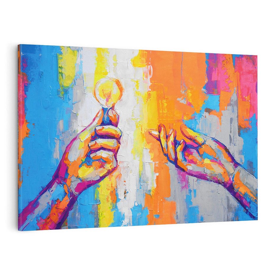 Obraz na płótnie 100x70 - Refrakcje wewnętrznego światła - abstrakcyjne dzieło, dłoń trzyma żarówkę