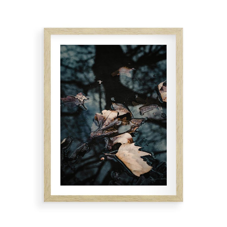 Plakat w ramie 40x50 - Jesienne Liście w Kałużach: Odbicie Natury - jesienne liście wkałuży, fotografia - rama drewno