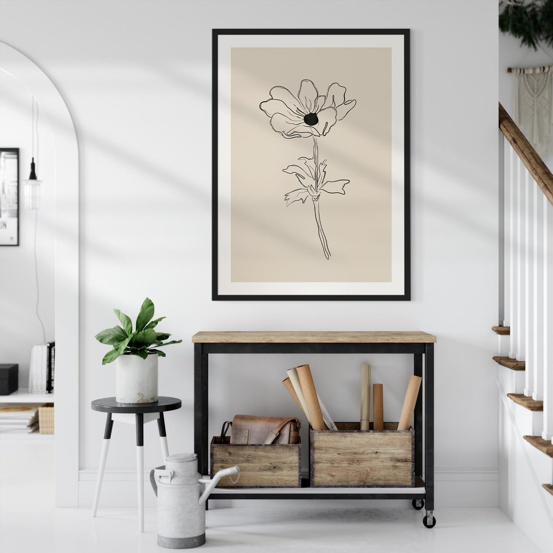 Plakat w ramie 50x70 - Przenikający Dialog - szkic kwiatu, mnimalistyczny szkic - rama czarna