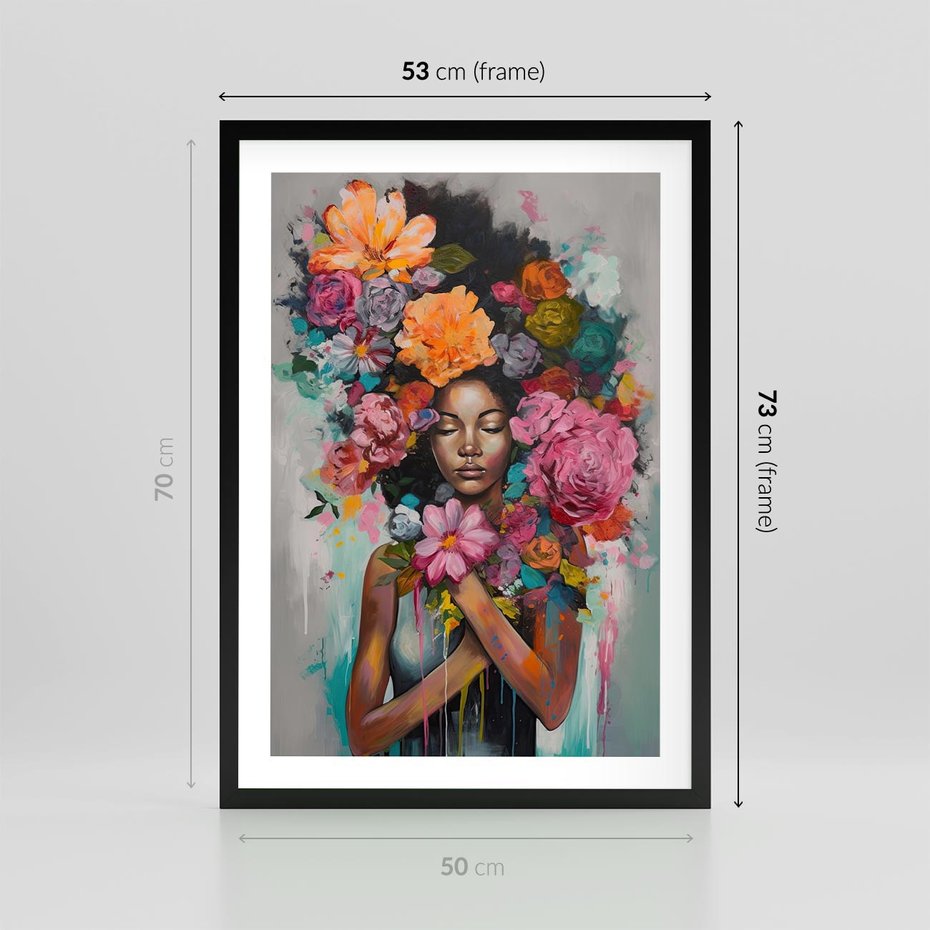 Plakat w ramie 50x70 - Z Głową w Kwiatach - obraz olejny, sztuka nowoczesna - rama czarna