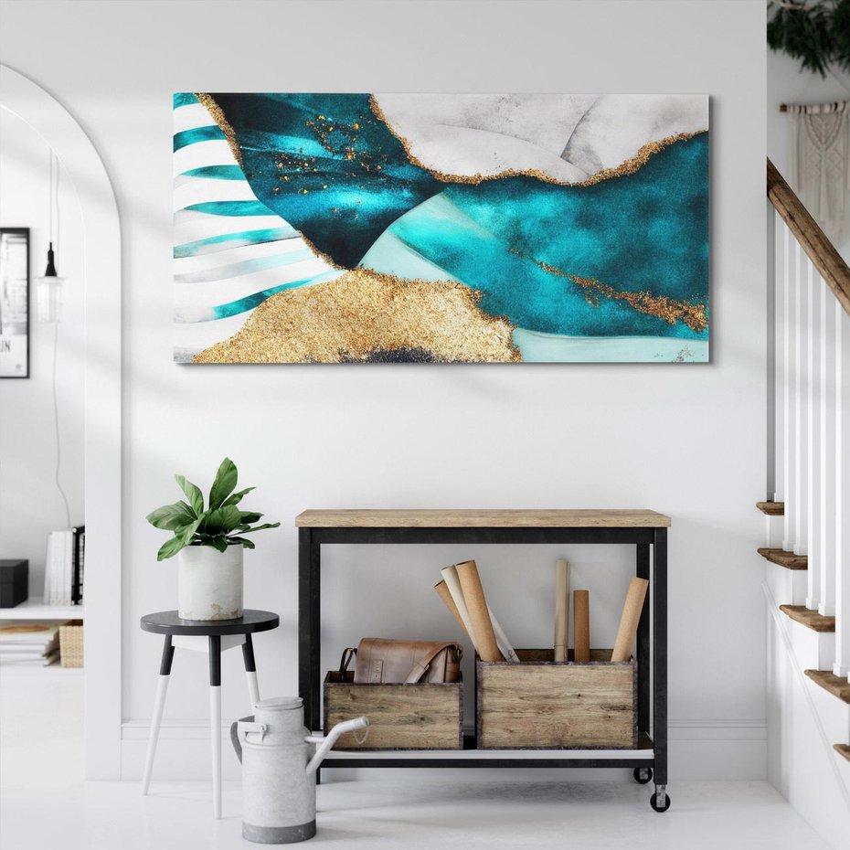 Obraz na płótnie 100x50 - Rozlane Turkusy - Turkusowe plamy, złote elementy