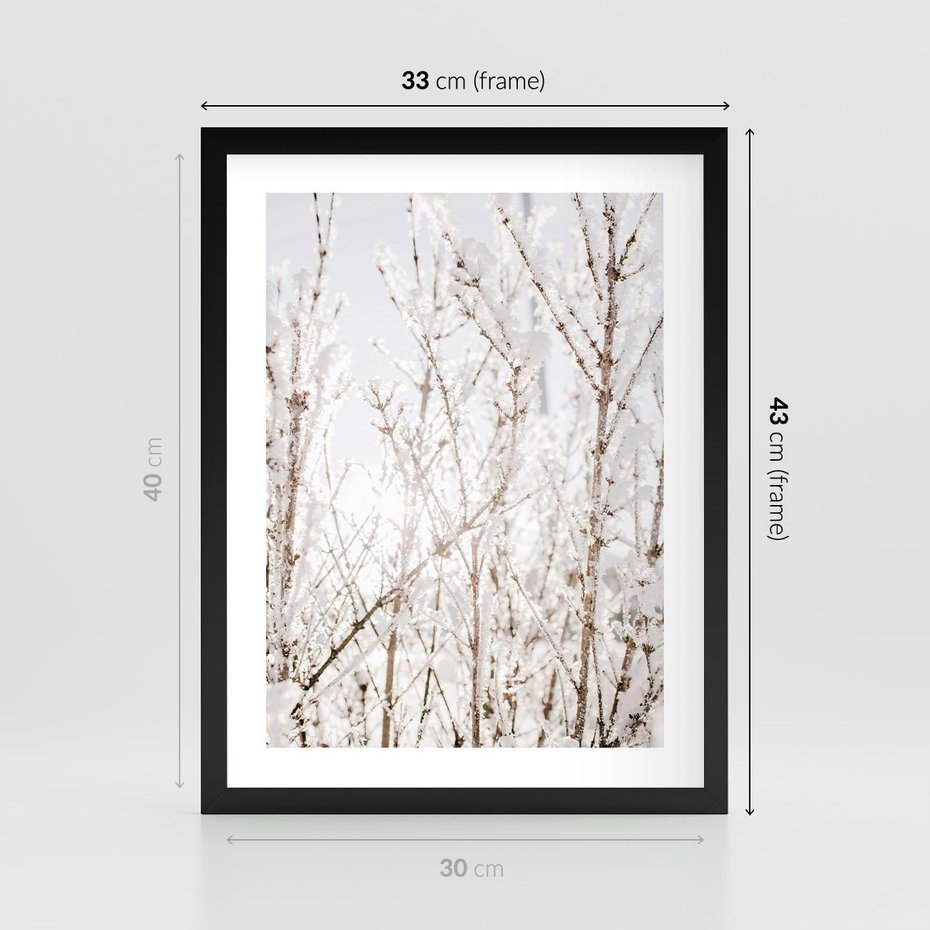 Plakat w ramie 30x40 - Szron na Gałęziach - ośnieżone gałązki, szron na gałęziach - rama czarna