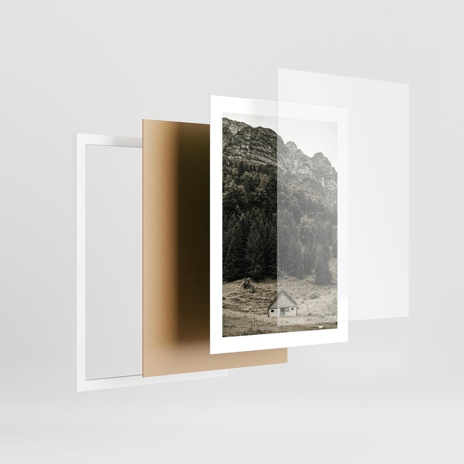 Plakat w ramie 30x40 - Dom w Odcieniach Natury - domek w górach, góry - rama biała