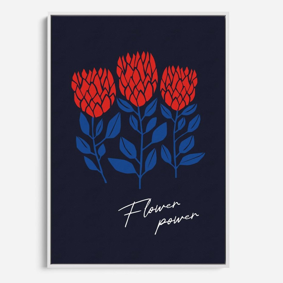 Obraz w ramie 80x120 - Podróżne Barwy - czerwone abstrakcyjne kwiaty, granatowe tło - rama biała