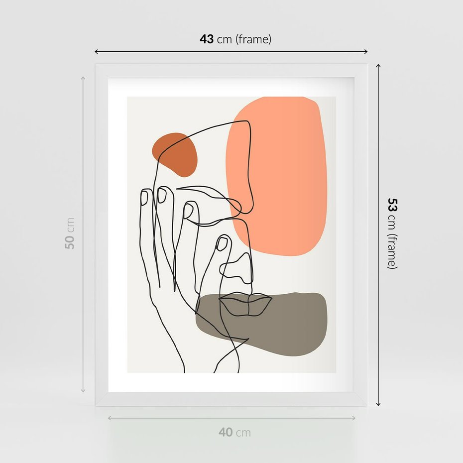 Plakat w ramie 40x50 - Ekspresja Kolorów: Szkic - one line szkic twarzy, kolorowe plamy - rama biała