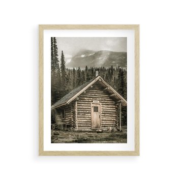 Plakat w ramie 30x40 - Urok Drewnianej Chatki w Górach - chatka w górach, drewniany domek - rama drewno