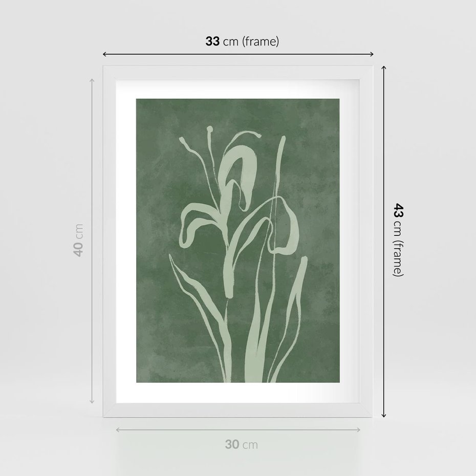 Plakat w ramie 30x40 - Zielony Oddech - zielona abstrakcja, zgaszona zieleń - rama biała