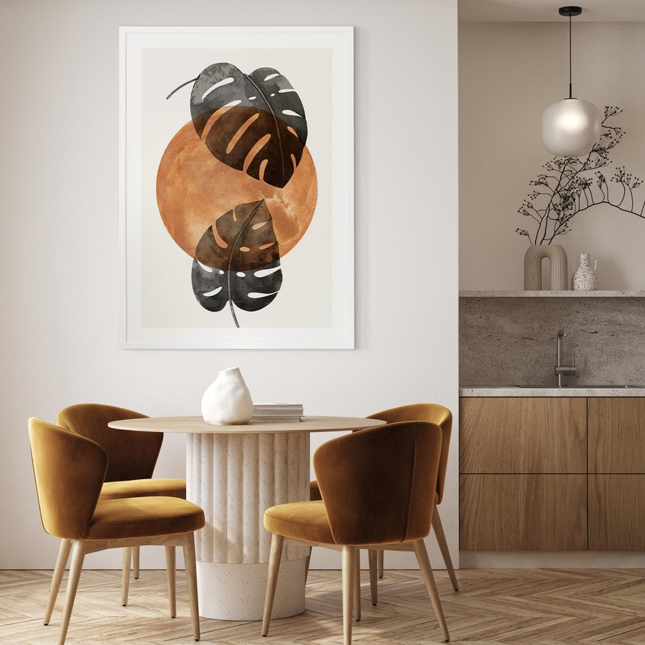 Plakat bez ramy 50x70 - Elegancja w Detalach: Miedziane Koło z Monsterą - grafika, miedziane koło