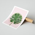 Plakat bez ramy 30x40 - Monstera w Różowym Świetle - liść monstery, różowe tło