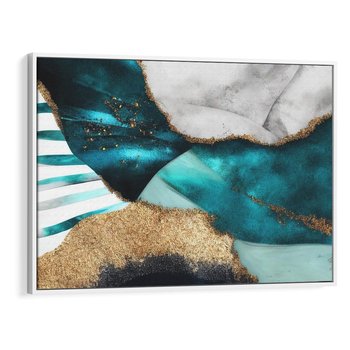 Obraz w ramie 70x50 - Rozlane Turkusy - Turkusowe plamy, złote elementy - rama biała