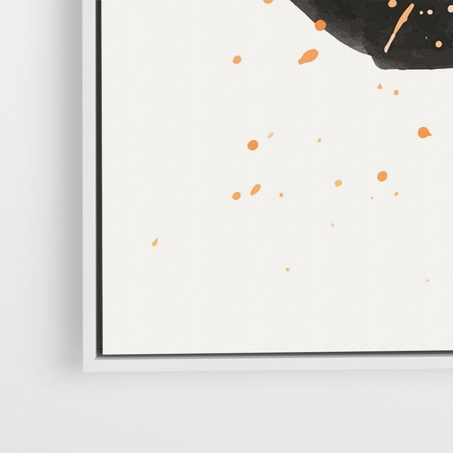 Obraz w ramie 50x70 - Wibracje Kolorów - abstrakcyjna czarna plama, rozsiane pomarańczowe kropki - rama biała