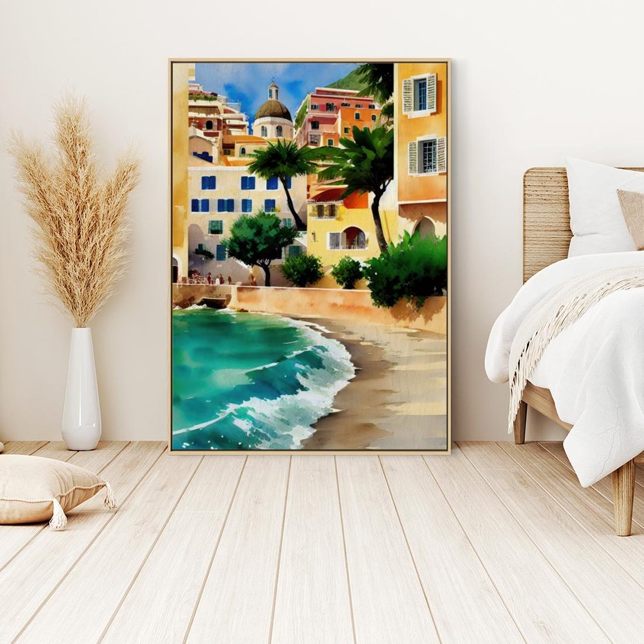 Obraz w ramie 80x120 - Zamieszkajmy Tu - akwarela, śródziemnomorski klimat - rama drewno