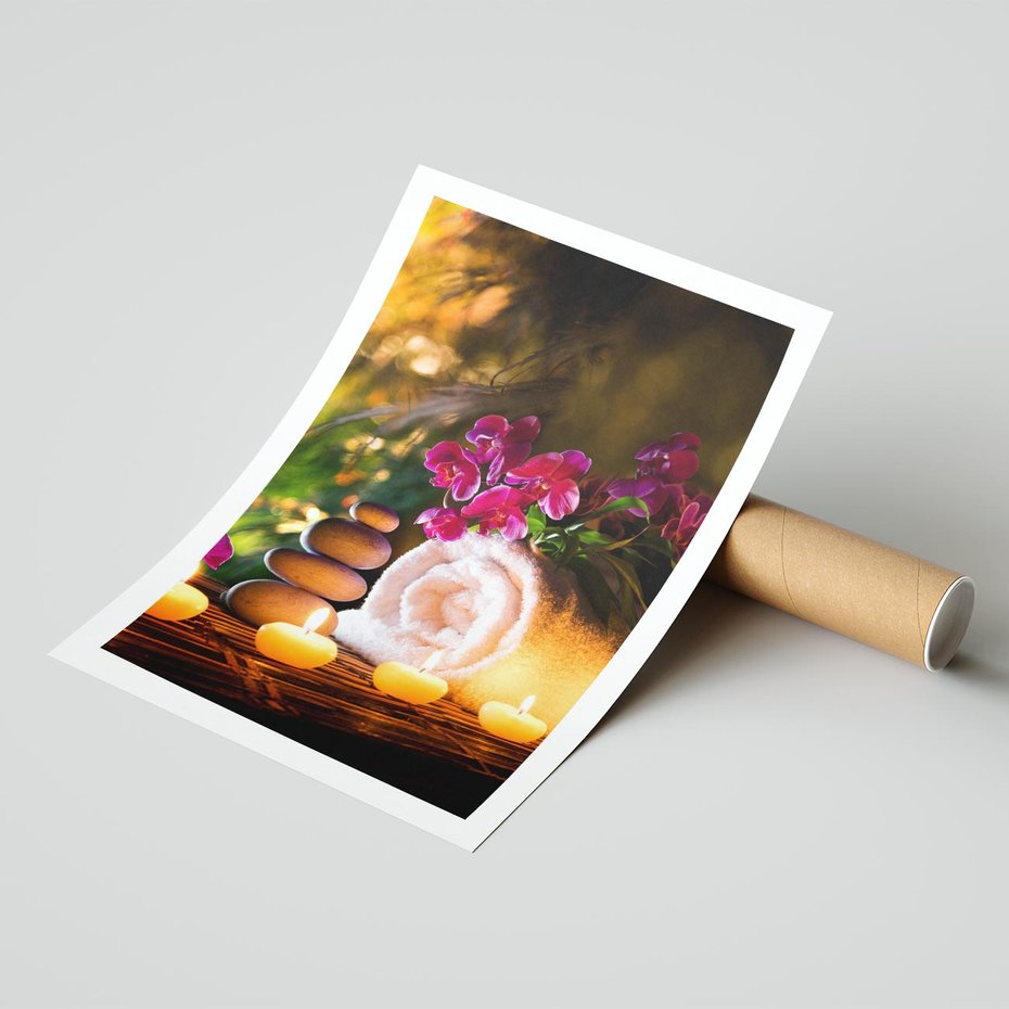 Plakat bez ramy 21x30 - Relaksujące spa z płonącymi świecami - spa, świece